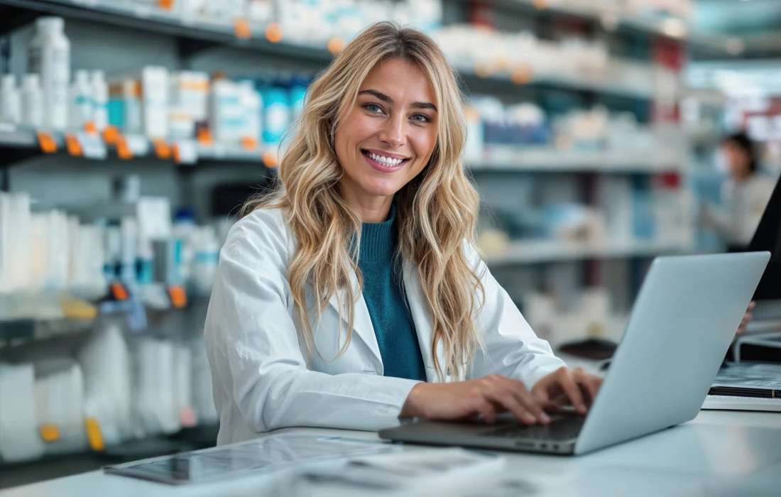 Uśmiechnięta kobieta w białym fartuchu laboratoryjnym siedzi przy ladzie aptecznej, pisząc na laptopie, a za nią znajdują się półki z lekami i produktami.