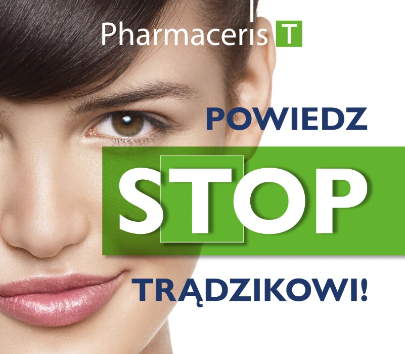 Zbliżenie twarzy kobiety z napisem w języku polskim: Pharmaceris T. Powiedz STOP trądzikowi! na zielono-białym tle.