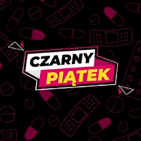 Tekst Czarny Piątek na ciemnym tle z konturami tabletek, bandaży i opakowań tabletek w tle.