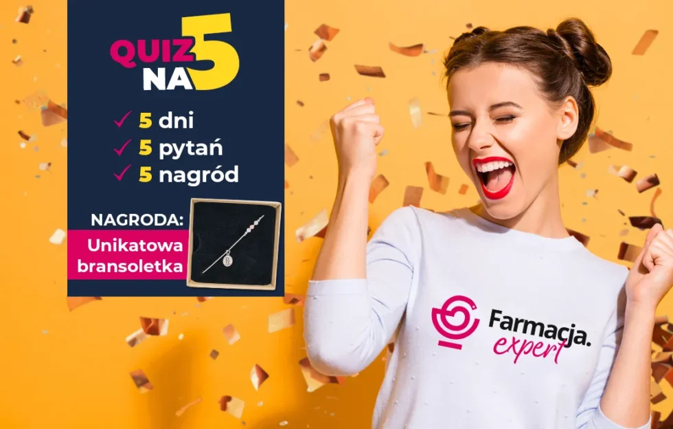 Uśmiechnięta kobieta z zaciśniętą pięścią świętuje; tekst promuje quiz z 5 dniami, 5 pytaniami, 5 nagrodami i wyjątkową bransoletką jako nagrodą. Konfetti spada w tle.