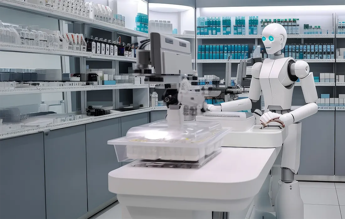 Humanoidalny robot stoi za ladą w nowoczesnej aptece, otoczony półkami wypełnionymi butelkami z lekami i artykułami medycznymi.