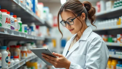 Kobieta w białym fartuchu laboratoryjnym i okularach używa tabletu, stojąc w alejce aptecznej pełnej buteleczek z różnymi lekami.