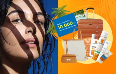 Po lewej stronie widać kobietę z mokrymi włosami i cieniami na twarzy; po prawej stronie znajdują się: walizka, torba, produkty do opalania, plaża i kupon na 10 000 zł.