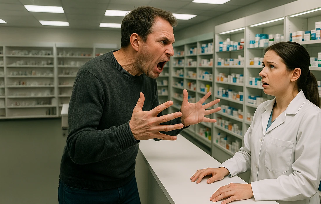 Mężczyzna ze złością krzyczy na zaniepokojoną farmaceutkę za ladą w aptece wypełnionej półkami z lekami.