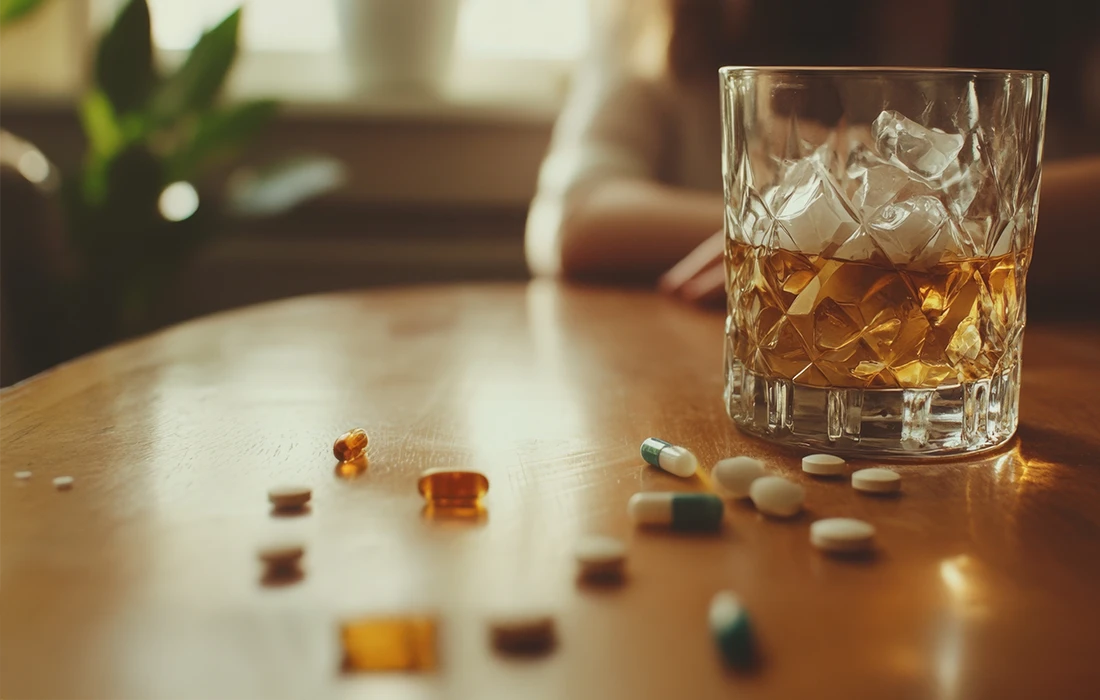 Szklanka whisky z lodem stoi na stole obok porozrzucanych tabletek i kapsułek, w tle widać niewyraźną postać.