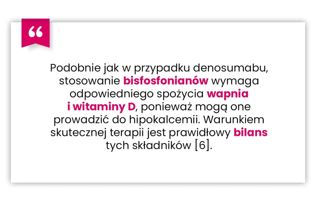 Polskie pole tekstowe z cytatem na temat bisfosfonianów, podkreślające znaczenie wapnia, witaminy D i równowagi dla skutecznej terapii, z kilkoma słowami w kolorze różowym.