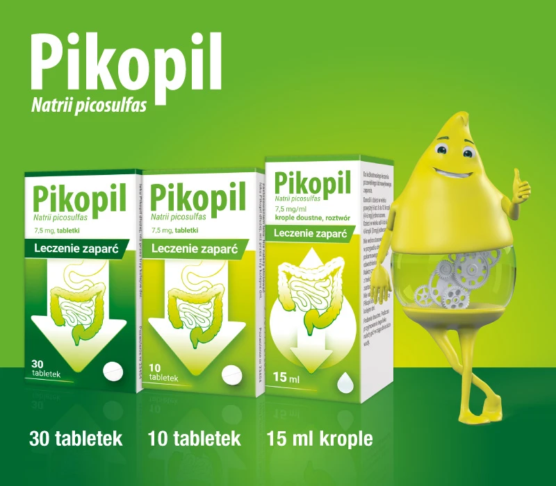 Trzy pudełka produktu przeczyszczającego Pikopil (30 tabletek, 10 tabletek, 15 ml kropli) stoją obok siebie. Obok nich na zielonym tle stoi uśmiechnięta żółta maskotka.