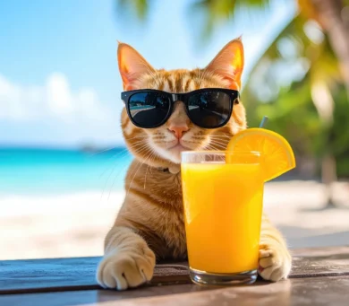 Fajny pomarańczowy kot w okularach przeciwsłonecznych siedzi przy stoliku na plaży ze szklanką soku pomarańczowego przyozdobioną plasterkiem pomarańczy. W tle palmy i błękitny ocean.