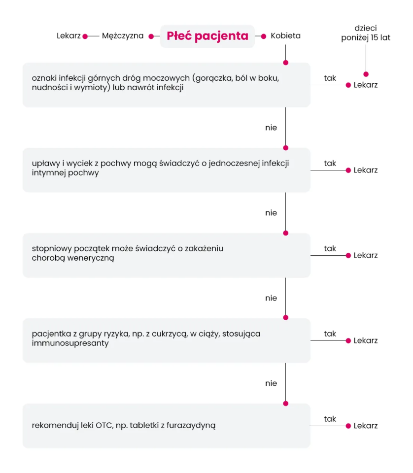 Algorytm decyzyjny dotyczący leczenia infekcji dróg moczowych, z różnymi ścieżkami zależnymi od płci, objawów, grup ryzyka i wieku pacjenta.