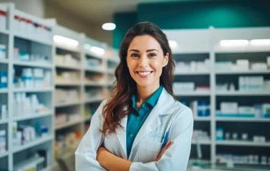 Uśmiechnięta farmaceutka w białym fartuchu stoi ze skrzyżowanymi ramionami w aptece, za nią widać półki z lekami.