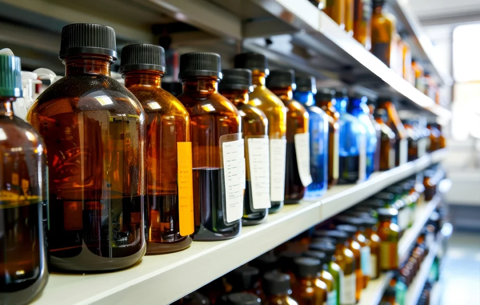 Rzędy brązowych i niebieskich szklanych butelek z etykietami są ułożone na metalowych półkach w laboratorium lub magazynie, zawierając różne chemikalia lub roztwory.