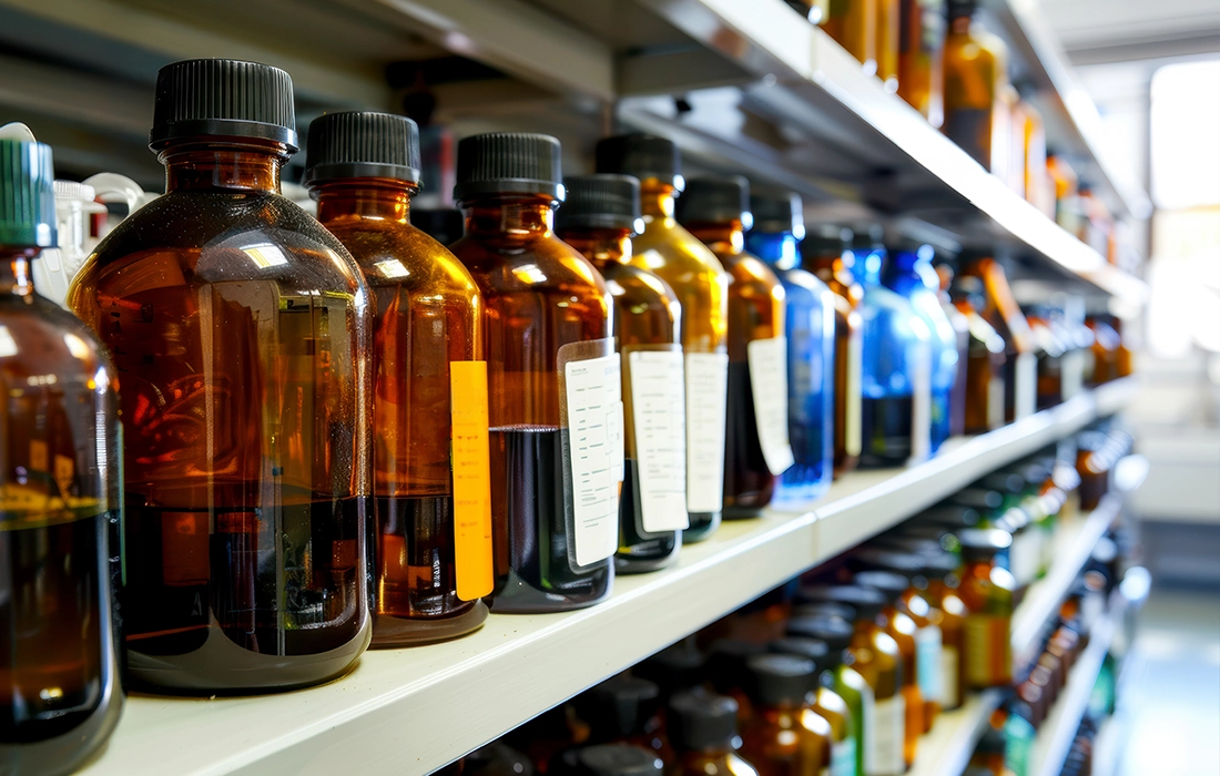 Rzędy brązowych i niebieskich szklanych butelek z etykietami są ułożone na metalowych półkach w laboratorium lub magazynie, zawierając różne chemikalia lub roztwory.