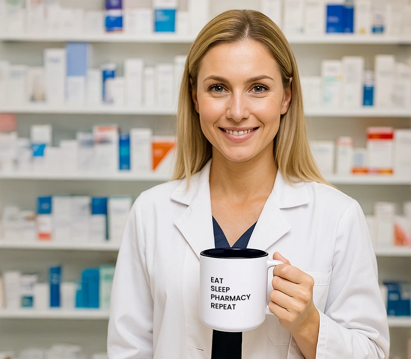 Uśmiechnięty farmaceuta w białym fartuchu trzyma kubek z napisem EAT SLEEP PHARMACY REPEAT w aptece z półkami leków w tle.