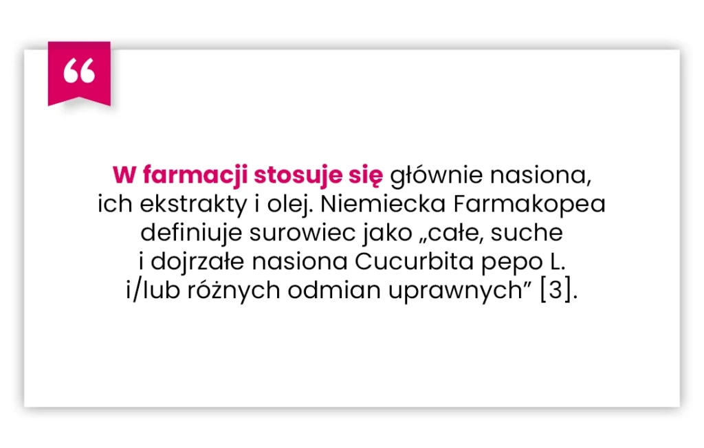 Polskie pole tekstowe z różowym cudzysłowem. Fraza kluczowa w kolorze różowym: W farmacji stosuje się, a następnie czarny tekst o zastosowaniu nasion i ekstraktów Cucurbita pepo L. w farmacji.