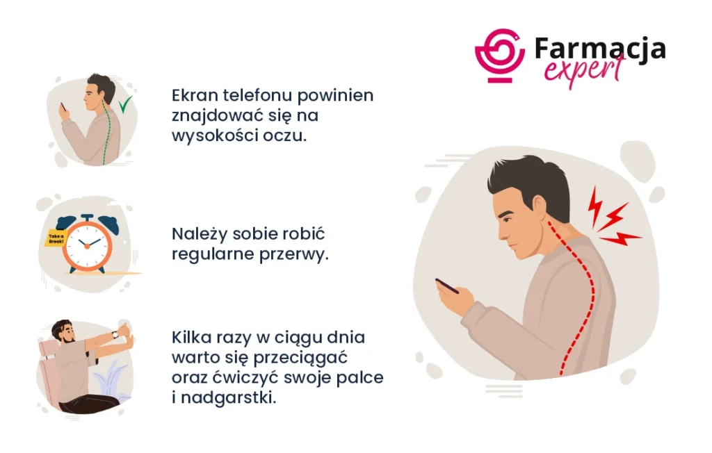 Ilustracja mężczyzny korzystającego z telefonu z bólem szyi, wskazówki dotyczące zdrowego korzystania z telefonu i logo Farmacja Expert; polski tekst zawiera porady dotyczące postawy, przerw i rozciągania.