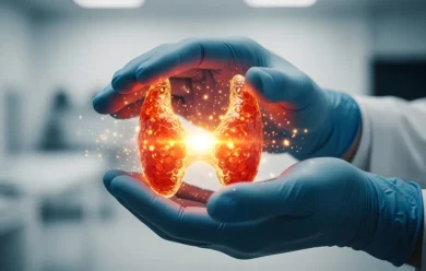 Osoba w niebieskich rękawiczkach trzyma świecącą, cyfrową reprezentację tarczycy w warunkach laboratoryjnych.