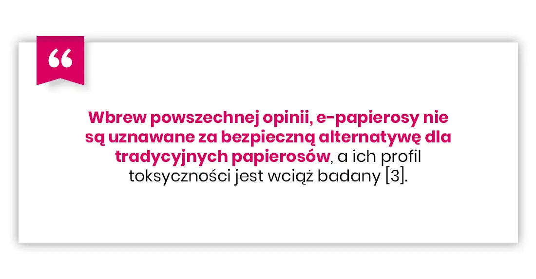 Polski tekst w białej ramce z różową ikoną cytatu mówi, że e-papierosy nie są uważane za bezpieczną alternatywę dla tradycyjnych papierosów, a ich toksyczność jest nadal badana.