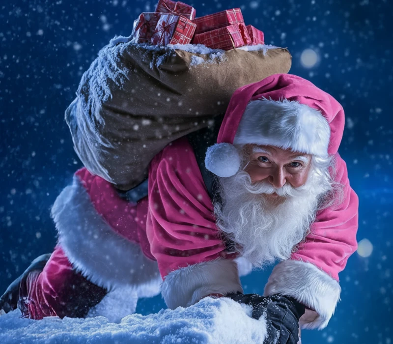 Święty Mikołaj ubrany w różowy strój przykuca w nocy na śniegu, niosąc na plecach worek pełen zapakowanych na czerwono prezentów, a wokół niego pada śnieg.
