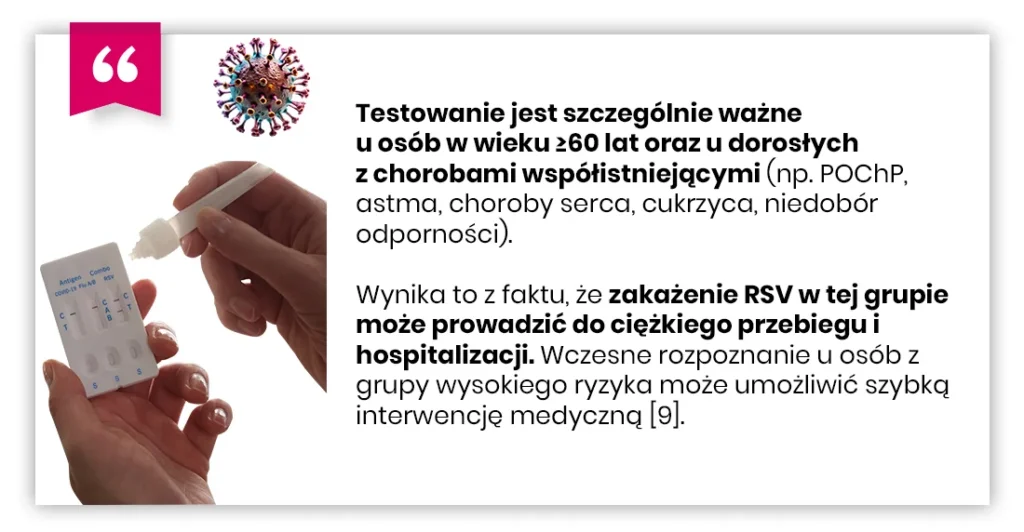 Osoba trzyma urządzenie do testowania RSV. Polski tekst wyjaśnia znaczenie testów RSV dla osób powyżej 60. roku życia i osób z chorobami przewlekłymi.