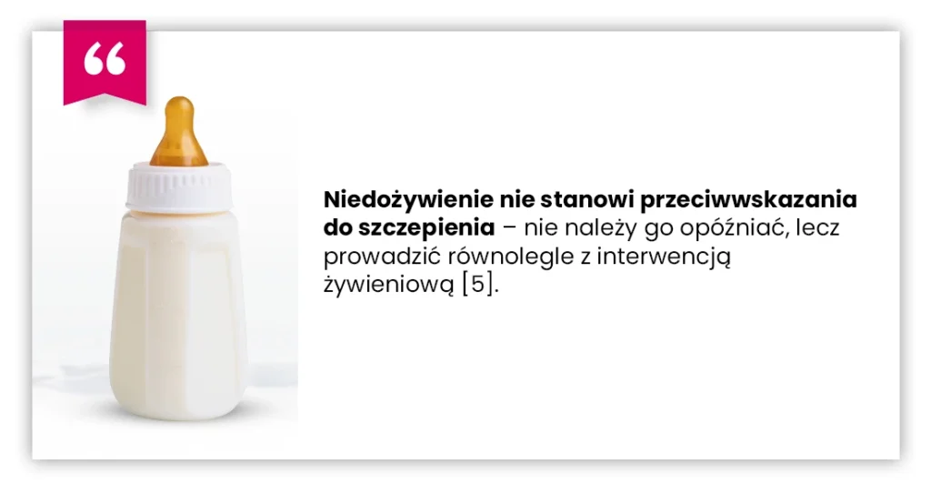 Butelka dla dziecka wypełniona mlekiem znajduje się po lewej stronie. Po prawej stronie na białym tle znajduje się polski tekst dotyczący żywienia i szczepień.