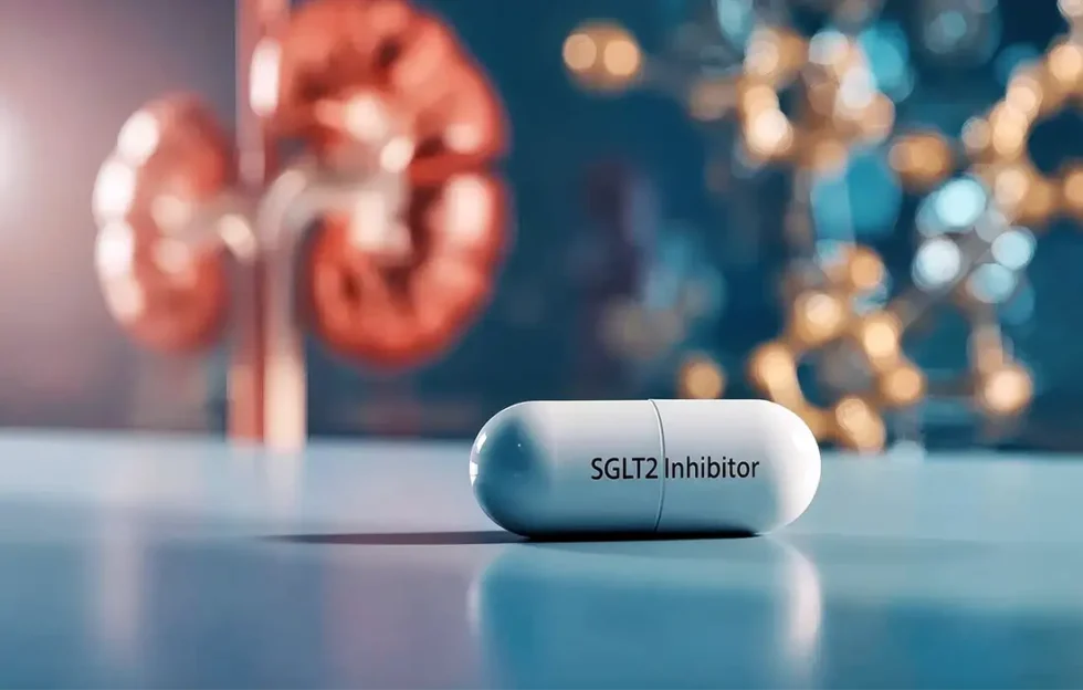 Biała kapsułka z etykietą inhibitora SGLT2 znajduje się na powierzchni z rozmytym modelem nerki i strukturą molekularną w tle.