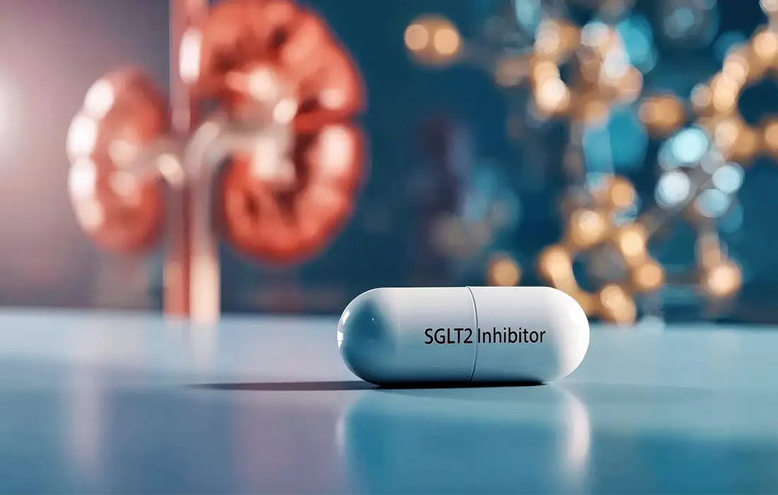 Biała kapsułka z etykietą inhibitora SGLT2 znajduje się na powierzchni z rozmytym modelem nerki i strukturą molekularną w tle.