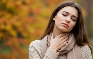 Kobieta na zewnątrz trzyma się za gardło i wydaje się odczuwać dyskomfort, a jesienne liście są rozmyte w tle.