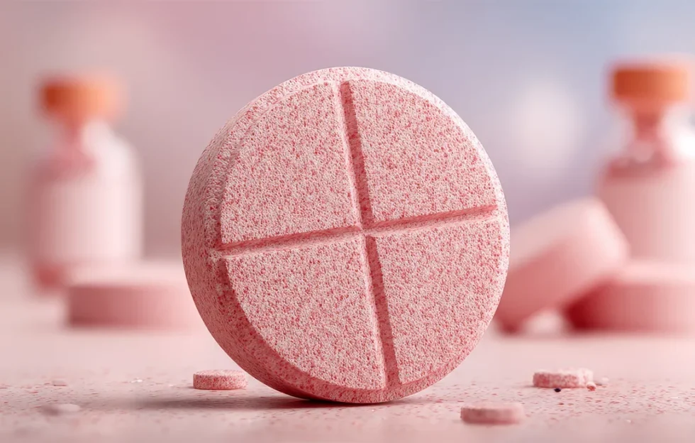 Duża, okrągła, różowa tabletka musująca z nacięciem w kształcie krzyża stoi pionowo na różowej powierzchni, z rozmytymi butelkami w tle.