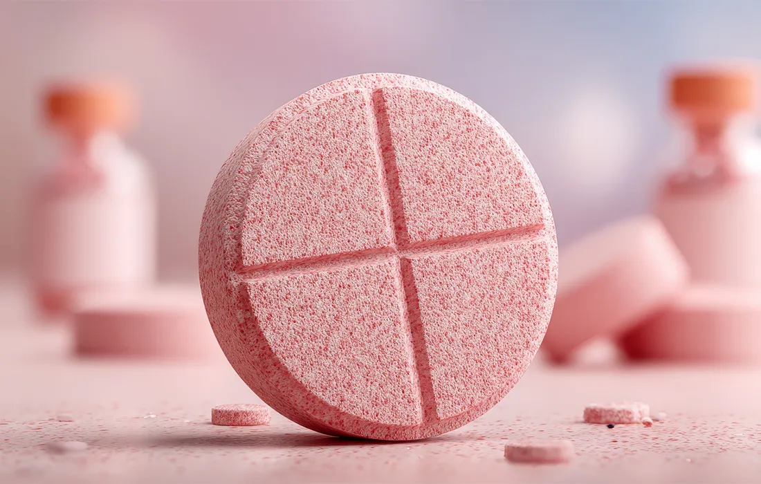 Duża, okrągła, różowa tabletka musująca z nacięciem w kształcie krzyża stoi pionowo na różowej powierzchni, z rozmytymi butelkami w tle.