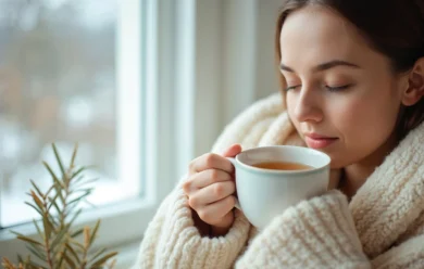 Kobieta owinięta przytulnym kremowym kocem trzyma biały kubek blisko twarzy, z zamkniętymi oczami, delektując się ciepłym napojem przy oknie.