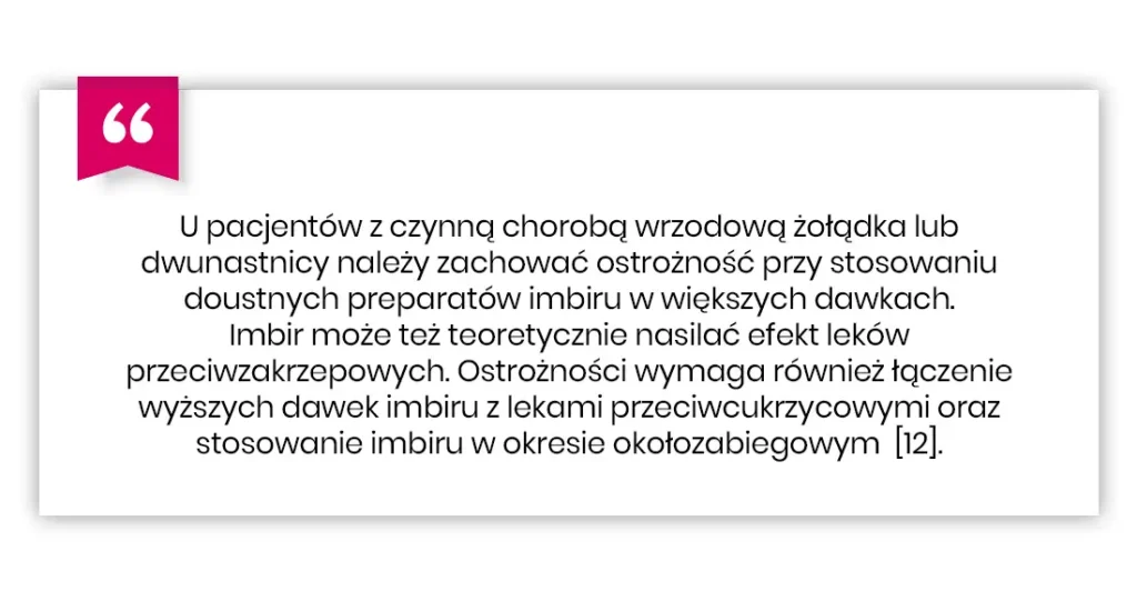 Cytat w języku polskim dotyczący ostrożności przy stosowaniu imbiru u pacjentów z chorobą wrzodową żołądka lub cukrzycą, na białym tle z ikoną cytatu.