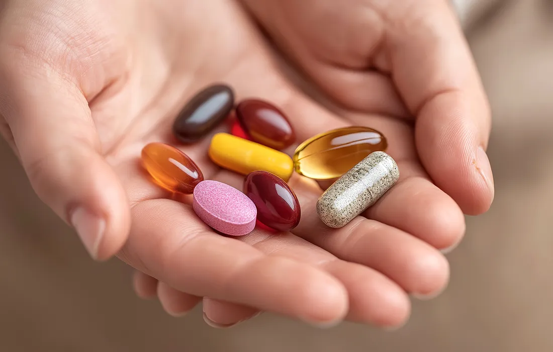 Zbliżenie rąk trzymających różne kolorowe tabletki i kapsułki, w tym żółte, różowe, brązowe i przezroczyste suplementy.