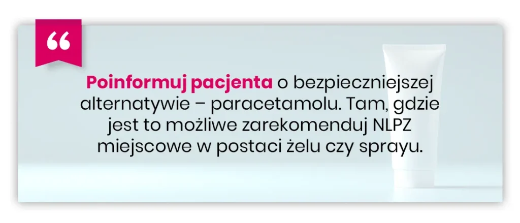 Biała tubka leku na jasnoniebieskim tle z polskim tekstem zalecającym omówienie paracetamolu i miejscowych NLPZ jako bezpieczniejszych alternatyw dla pacjentów.