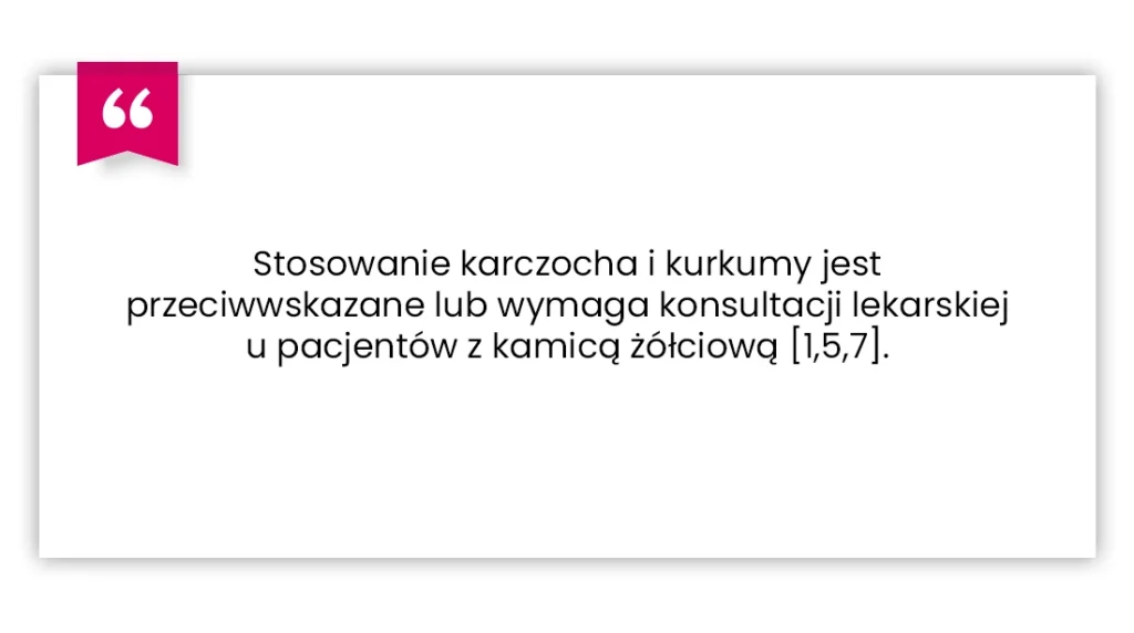Cytat w języku polskim ostrzega, że stosowanie karczocha i kurkumy jest przeciwwskazane lub wymaga porady lekarskiej w przypadku pacjentów z kamicą żółciową.