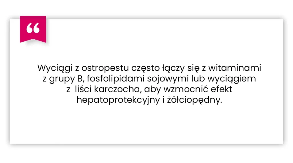 Cytat w języku polskim o ekstraktach z ostropestu plamistego często łączonych z witaminami z grupy B, fosfolipidami sojowymi lub ekstraktem z liści karczocha w celu wzmocnienia działania hepatoprotekcyjnego i żółciopędnego.