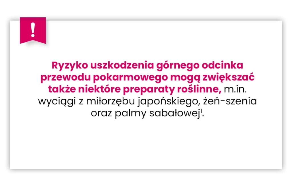 Białe pole z różową ikoną wykrzyknika i polskim tekstem ostrzegającym, że niektóre suplementy roślinne mogą zwiększać ryzyko uszkodzenia górnego odcinka przewodu pokarmowego.