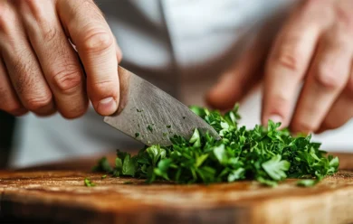 Zbliżenie na osobę siekającą świeże zielone zioła dużym nożem na drewnianej desce do krojenia.