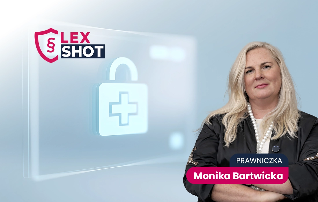 Kobieta z długimi blond włosami stoi pewnie ze skrzyżowanymi ramionami obok ikony zamka cyfrowego i logo Lex Shot. Tekst: Prawniczka Monika Bartwicka.