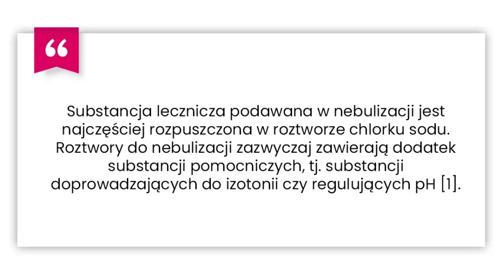 Białe pole z różowym symbolem cudzysłowu i polskim tekstem o substancjach leczniczych w nebulizacji, ze wzmianką o roztworach chlorku sodu i substancjach pomocniczych do regulacji pH.