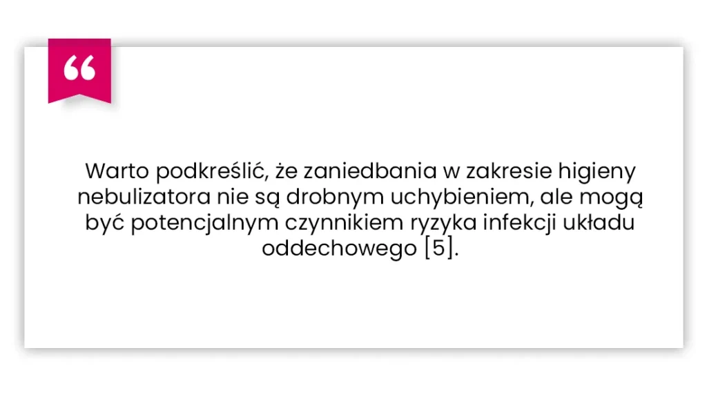 Polski cytat o znaczeniu higieny nebulizatora w zapobieganiu infekcjom dróg oddechowych, wyświetlany w białym polu z różową ikoną cudzysłowu.