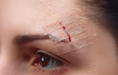 Zbliżenie brwi osoby ze świeżym rozcięciem nad nią, przykrytym trzema samoprzylepnymi paskami medycznymi w celu zamknięcia rany.