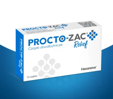 Pudełko Procto-Zac Relief, czopków doodbytniczych firmy Hexanova, z niebiesko-białym opakowaniem i polskim tekstem.
