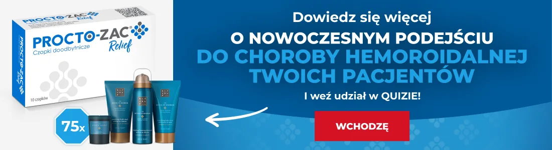 Pudełko i tubki produktów Procto-Zac Relief po lewej, niebieskie tło, polski tekst o quizie na temat nowoczesnego podejścia do choroby hemoroidalnej i czerwony przycisk "WCHODZĘ" po prawej.
