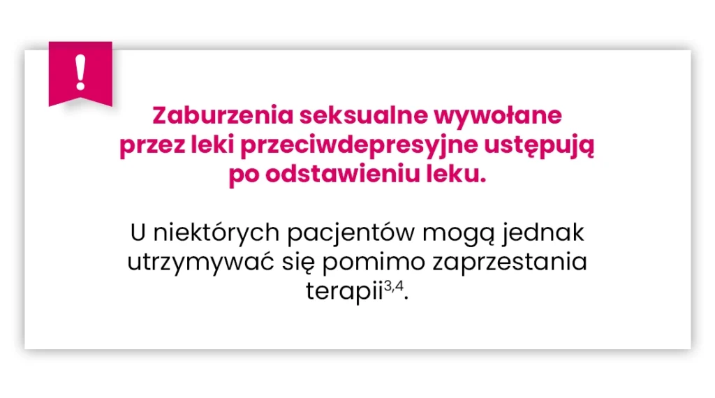 Ostrzeżenie w języku polskim informujące, że zaburzenia seksualne spowodowane lekami przeciwdepresyjnymi zwykle ustępują po odstawieniu leku. Niektórzy pacjenci mogą nadal doświadczać objawów.