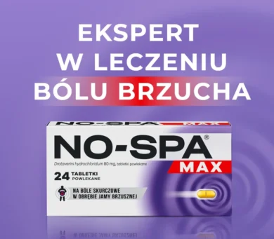 Pudełko tabletek NO-SPA Max łagodzących ból brzucha jest przedstawione na fioletowym tle z polskim tekstem: Ekspert w leczeniu bólu brzucha.