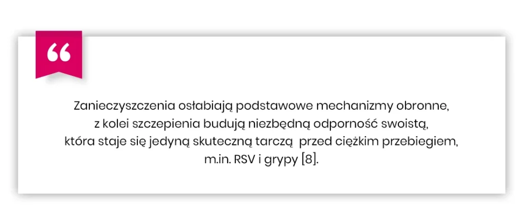 Cytat na białym tle o szczepieniach jako skutecznej ochronie przed ciężkim przebiegiem RSV i grypy, z różową ikoną cudzysłowu z lewej strony.