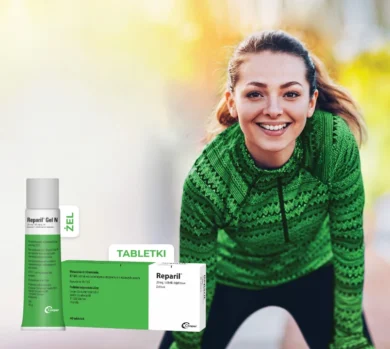 Uśmiechnięta kobieta w zielonym sportowym topie pochyla się do przodu na zewnątrz; na pierwszym planie znajdują się opakowania Reparil Gel i Reparil tabletki.